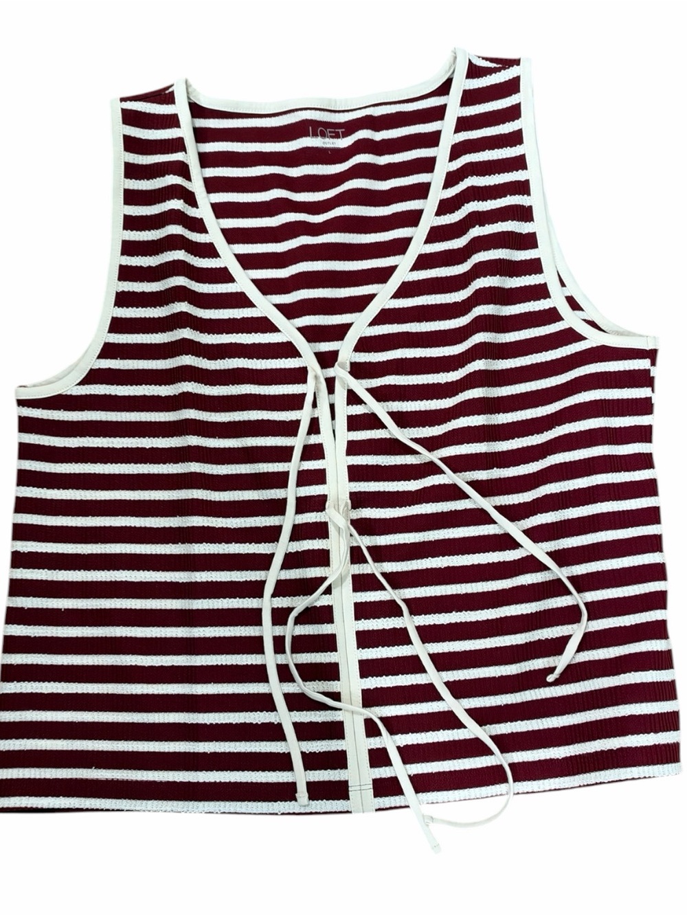 LOFT Burgundy and White Striped Tie-Front Tank